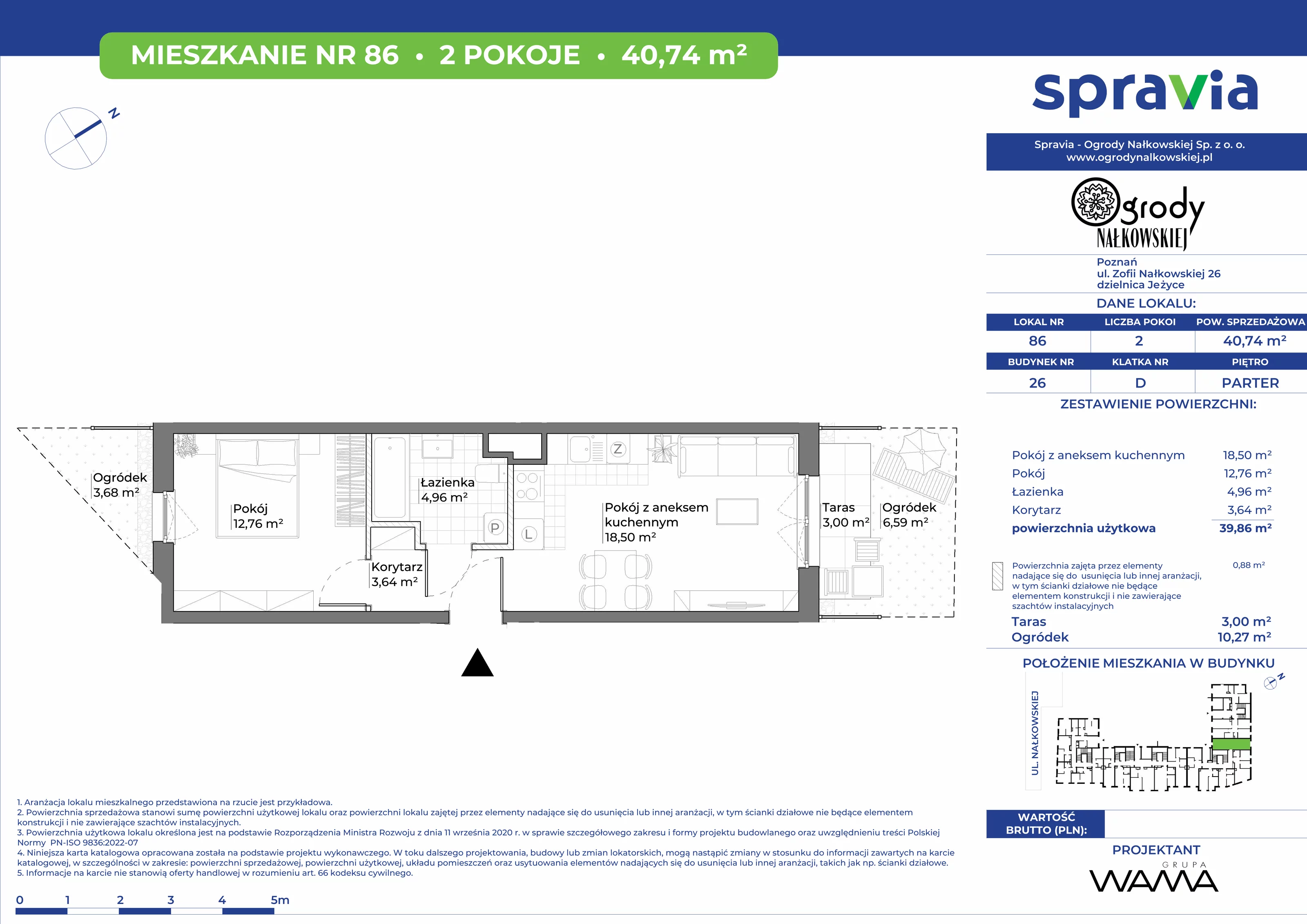 2 pokoje, mieszkanie 40,74 m², parter, oferta nr 26-86, Ogrody Nałkowskiej, Poznań, Ogrody, ul. Nałkowskiej 24, 26